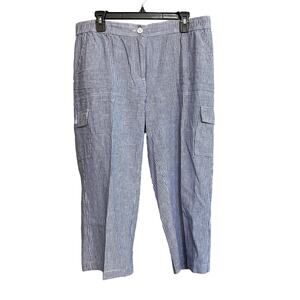 Talbots Pants Cropped Linen Cotton Blue White Striped Cargo Pockets‎ Size 14